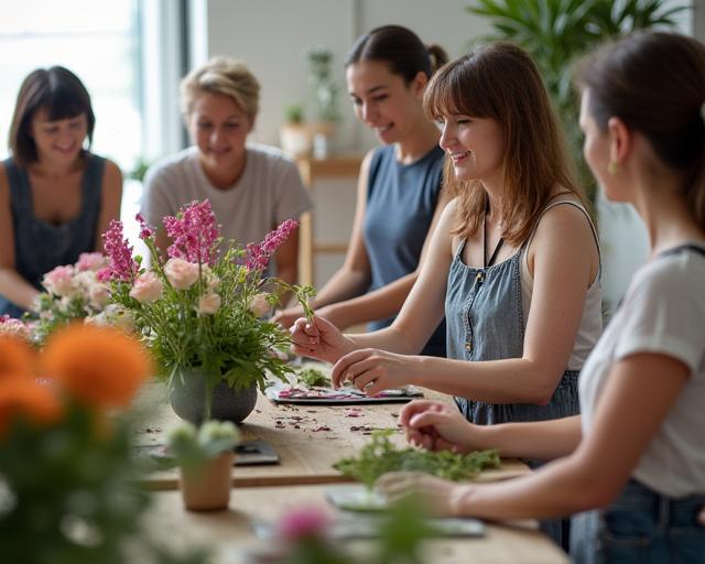 A group of people enjoying a flower arranging workshop.
